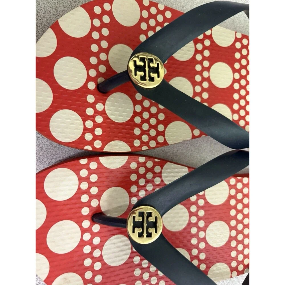 Tory Burch Red & Navy blue Gold Logo Original Wide Strap Flip Flops Sandals Sz 8